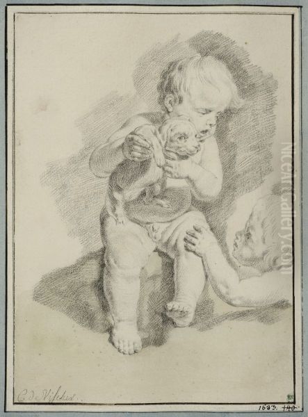 Tva putti leker med en hundvalp - view 1