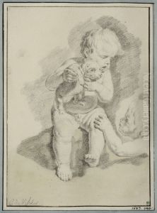 Tva putti leker med en hundvalp by Cornelis Ii Visscher
