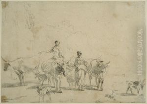 Italienskt landskap med tva kvinnor och boskap by Nicolaes Pieterszoon Berchem