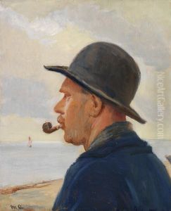 A man with pipe and a felt hat on the Skagen beach. by Michael Peter Ancher