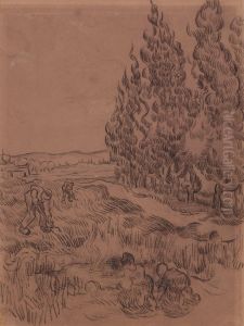 Cypresses with four people working in the field