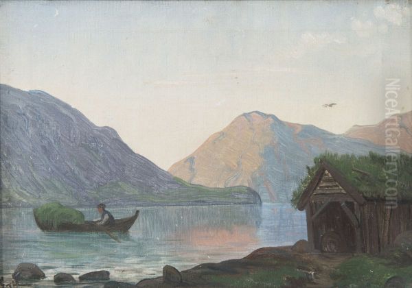 Fjordlandskap med mann i bat - view 1