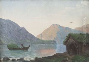 Fjordlandskap med mann i bat by Christian Skredsvig