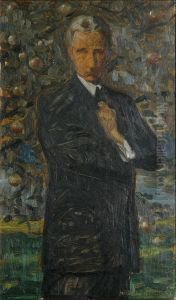 Self portrait, standing in an orchard. by Harald Slott-Moller