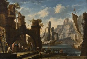 Mediterranean port with castle in ruins, ships and figures