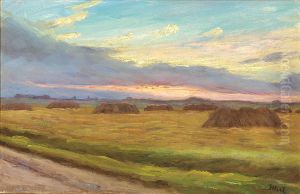 Sunset on a harvest landscape at Skagen. by Michael Peter Ancher