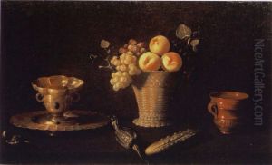 Bodegon con cacharros, fruta, pepinillo y pimientos by Francisco De Zurbaran