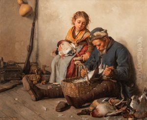 Interior scene with a grandfather and granddaughter plucking ducks by Antonio Rotta