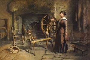 A Girl Spinning By A Hearthside