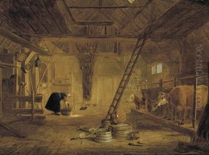 A barn  interior with four cows, a milk maid cleaning a pot, and earthenware pots in the foreground