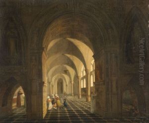 A franciscan monk blessing people in a church interior by Therese-Victoire de Manne