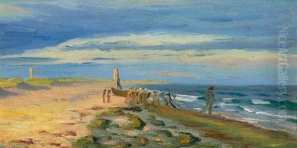View of Skagen beach with persons at a boat. In the background Skagen lighthouse. - view 1