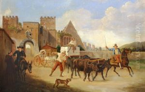 Oksekaerre ved Porta San Paolo og Cestiuspyramiden i Rom. by Wilhelm Marstrand