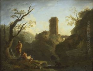 Un paysage avec un arbre et deux hommes, une tour en arriere-plan Un paysage avec un arbre et deux hommes, une tour en arriere-plan
