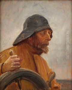 A helmsman wearing a sou'wester. A helmsman wearing a sou'wester.