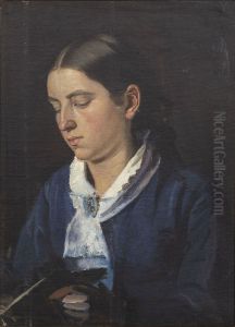 Portrait of Anna Brondum in a blue dress, reading.