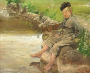 A boy sitting at the village pond. by Laurits Andersen Ring