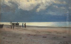 Fishermen on the beach. by Michael Peter Ancher