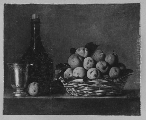 Stillleben mit Pflaumenkorb, Flasche und Goldbecher - view 1