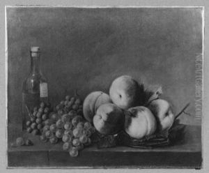Stillleben mit Trauben, Pfirsichen und Flasche