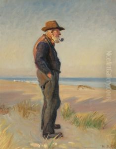 Piberygende fisker pa Skagen Strand. by Michael Peter Ancher