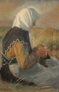 Strikkende fiskerkone i klitterne. by Michael Peter Ancher