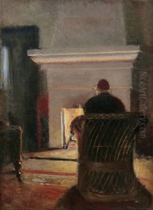 Interior with Holger Drachmann at the fireplace in Villa Pax, Skagen. by Michael Peter Ancher