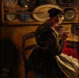 A woman knitting in a kitchen. by Michael Peter Ancher