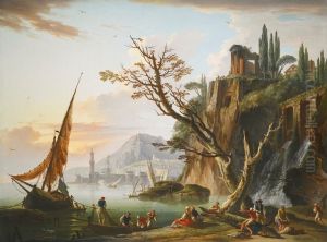 A Coastal Landscape at Sunset, with Fishermen Mooring Their Boats and Figures on the Shore