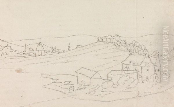 Sketch of a Villiage Set in in Hilly Landscape - view 1