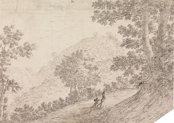 Wooded Landscape, Showing a View of a City, Built on a Hillside, in the background, and Two Figures Walking up a Dirt Path, in the Foreground - view 1