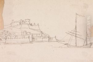 Palace, Surrounded by, Fortification Walls,with Sea and Sailboat in the Foreground