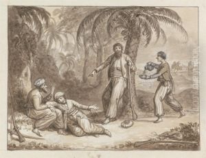 A Servant Bringing Water to Three Hunters