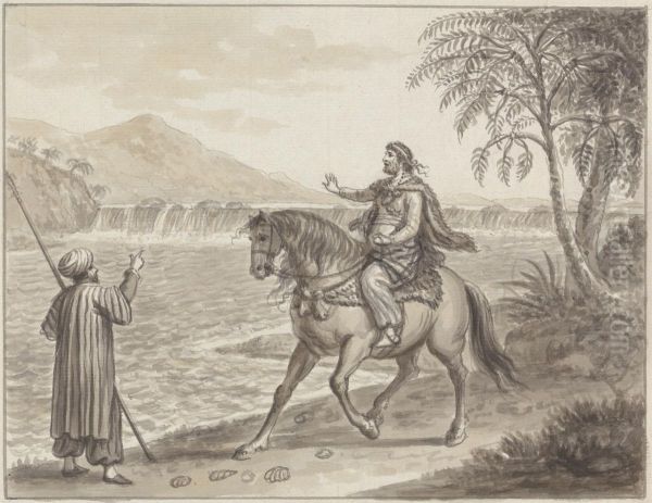 Horseman Approaching Traveller Beside River - view 1
