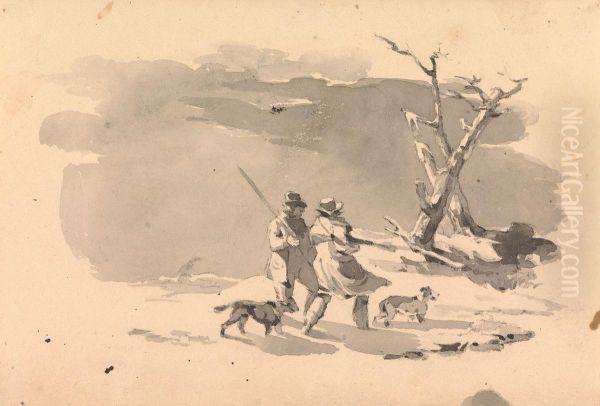 Two Hunters and Two Dogs in Winter Scene - view 1