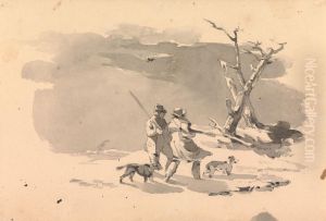 Two Hunters and Two Dogs in Winter Scene by Thomas Sully