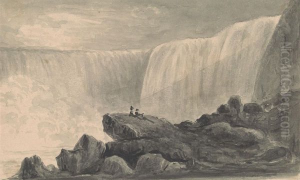 View of Niagara Falls with Two Figures Sitting on a Rock Center Foreground - view 1