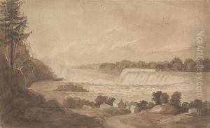View of Niagara Falls with the Falls in the Background, Right, and Landscape with Houses in the Foreground by Isaac Weld