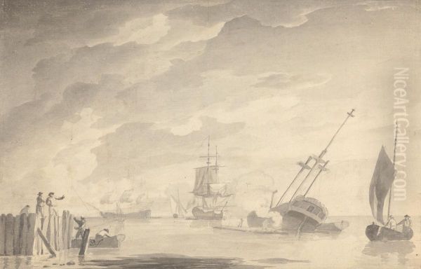 Battle Scene, Three Battleships, One Sinking; Figures on Left in Rowboat and Standing Pier - view 1