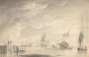 Battle Scene, Three Battleships, One Sinking; Figures on Left in Rowboat and Standing Pier