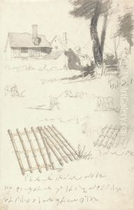 Studies of Farmhouses by a Gate, Ploughing and Harrows by Robert Hills