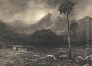 A Far Eastern Subject with Palm Trees and Figures on Shore or in Small Rowing Boats by William West