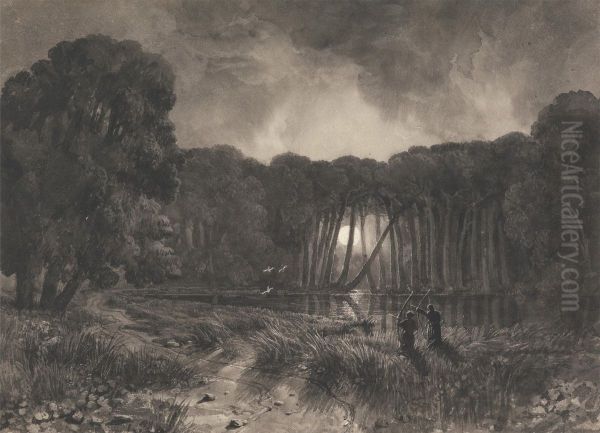 Bowmen at a Moonlit Lake Shooting Wildfowl - view 1