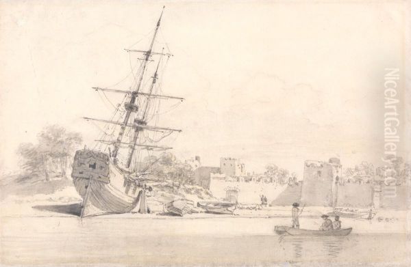 A Small Sailing Ship Drawn Up on the Shore Below Some Fortified Buildings - view 1