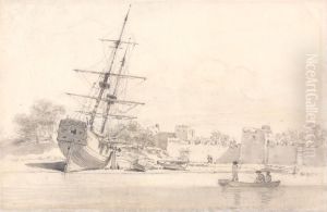 A Small Sailing Ship Drawn Up on the Shore Below Some Fortified Buildings