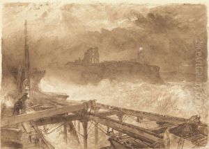 Study for Tynemouth Pier - Lighting the Lamps at Sundown by Alfred William Hunt