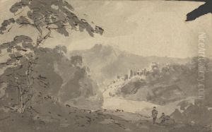 Two Men Looking Into Landscape with Castle, River and Mountain Scene
