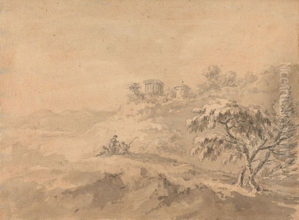 Two Men in a Landscape and a Castle on a Hill - view 1