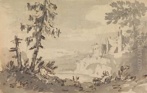 Pine Trees and Castle in a Landscape by William Gilpin