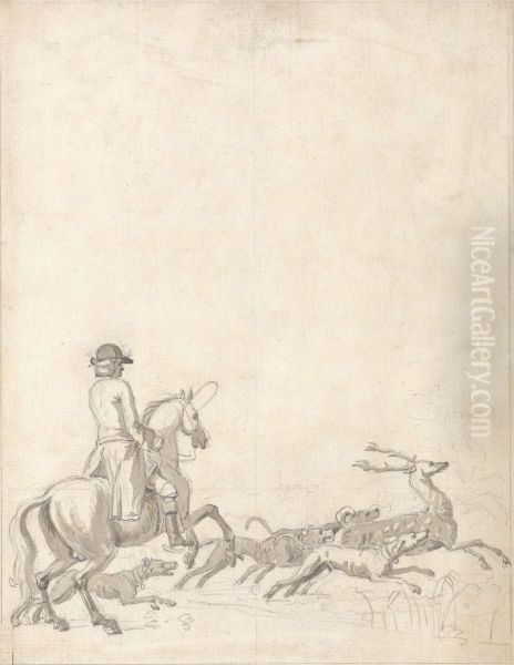 Rider With Hounds About to Bring the Stag Down - view 1